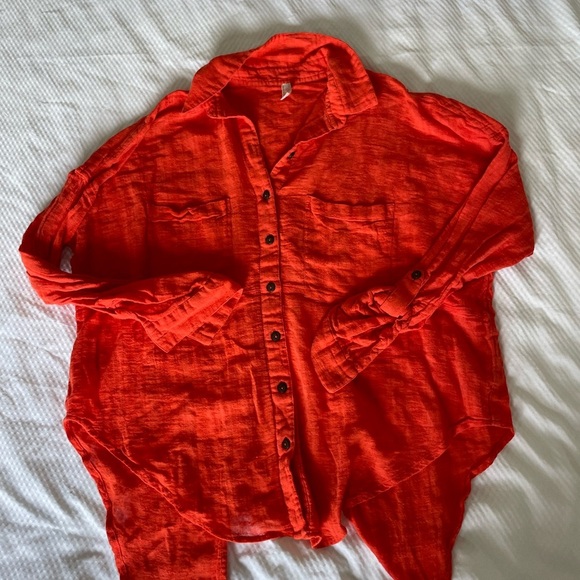 Free People Red Orange Gauzy Back Tie Boho top - Picture 2 of 10